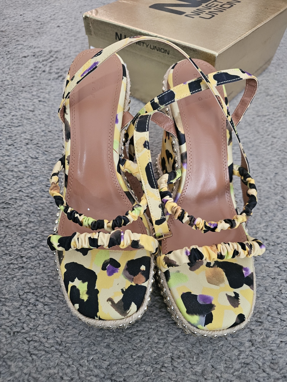 ASOS Yellow Floral Print Ruched Strap Wedge Sandals